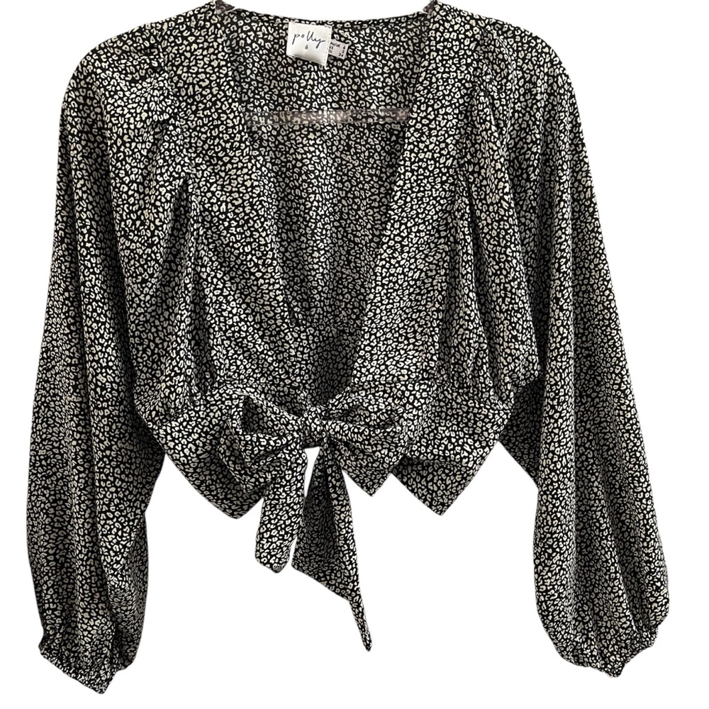 POLLY TOP, Size 2, Cream & Black Long Sleeve Cropped Tie Front Top, Excellent.
